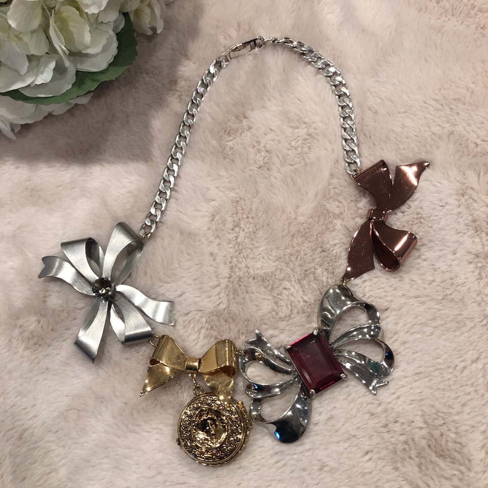 Mixed Metal Statement Necklace with Bows Rhinestone Faceted Stone & Faux Locket
